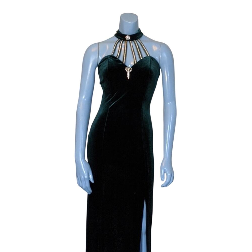 Vintage Green Velvet Rhinestone Caged Maxi
